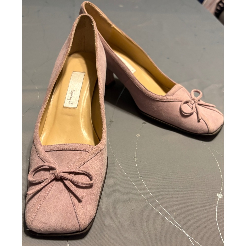Spiegel Mauve Pink Suede Square Toe Bow Block Heels Pumps Womens Vintage Style